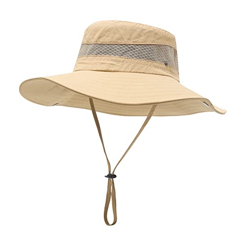 ZLYC Sombrero impermeable de camuflaje para hombre sombrero de sol de ala ancha Packable al aire libre malla pesca cubo sombreros, Beige liso, talla única