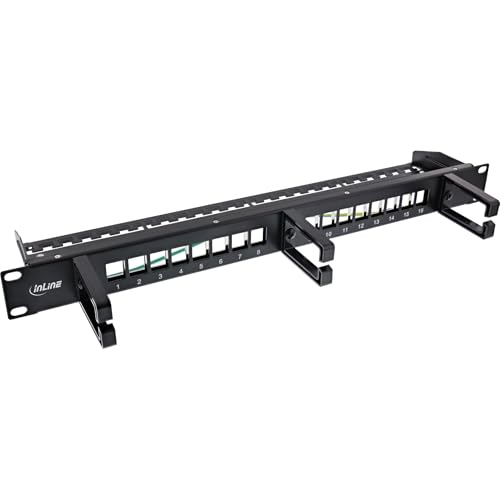 InLine® Patchfeld 76822B Keystone - Panel de Conexiones (16 Compartimentos, 19", 1U, con 3 planchas para Cables, Panel vacĂo para Redes y Multimedia, Montaje en Rack), Color Negro