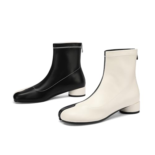 Image of Split Toe Ankle Boots for Women Tabi Japanese Ninja Shoes Low Chunky Heels Booties, Stretch Artificial Leather Boots Back Zipper