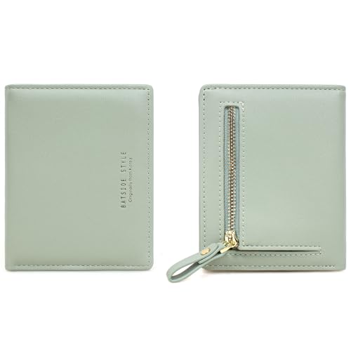 SUMGOFO Small Wallet for Women Slim Leather Card Holder RFID Mini Bifold Short Front Zipper Pocket Coin Purse (Mint Green)