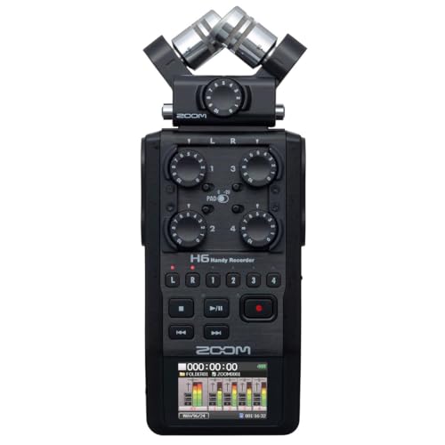 Zoom H6 All Black 6-Track Portable Recorder, Stereo Microphones, 4 XLR/TRS Inputs, Records to SD Card, USB Audio Interface, Battery Powered, Podcasting and Music