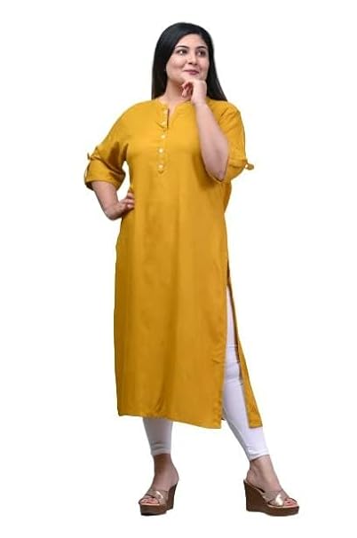Women Solid Color Pure Cotton Blend Plus Size Straight Kurta Mustard