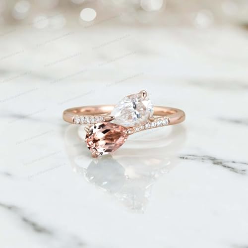 Pear Cut Lapis Lazuli & Moissanite Engagement Ring Toi Et Moi Ring 14k Solid Gold Two Stone Wedding Jewelry Art Deco Adjustable Multi Gemstone Gift for Wife2