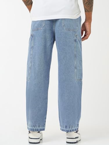 Image of Bewakoof Men's Washed Straight Fit Pure Cotton Cargo Jeans