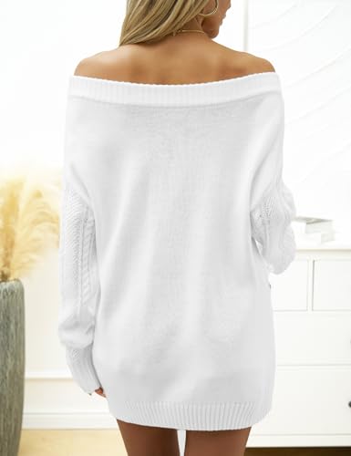 Image of VIMPUNEC Womens Off The Shoulder Sweaters Color Block Oversized Pullover Sweater Cable Knit Chunky Tops Cable White S