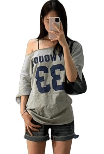 Image of SXV STYLE Women's Casual Letter Print Asymmetric Neck Loose Short Sleeve T-Shirt,