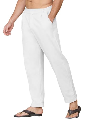 Yutdeng Pantalones Lino Hombre Verano Pantalon Largo Pantalón Lino Algodón Ligeros con Bolsillos Cintura Elástica Pantalon Vestir Casual Anchos Pantalones de Verano Hombre Regular Fit,Blanco,XL