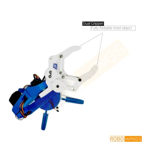RoboWings™ 5-DOF Robotic Arm with Stable Base and Legs for STEM Projects, 3D Printed Plastic Parts, Big Size, DIY Project Kit with Nuts and Bolts (White and Blue)