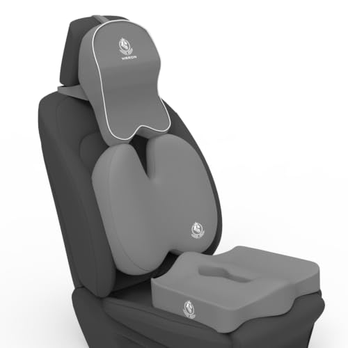 Image of MRRON Memory Foam Posture Corrector Car Seat Cushions Combo | Orthopedic Backrest, Coccyx Cushion & Neckrest | Ergonomic Lumbar Comfort Seat Cushion | (Grey, Backpro)