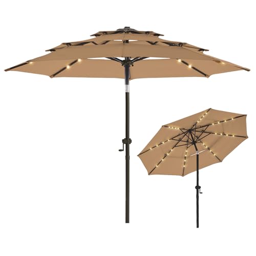 wikiwiki 9FT 3Tiers Solar Led Patio Umbrella, Sturdy Outdoor Market Umbrella for Deck, Pool, Garden w/Tilt, Crank, 32 LED Lights, Tan