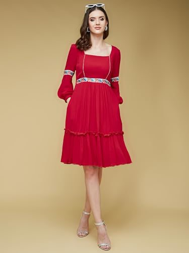 Image of Life with Pockets Women's Square Neck Bishop Sleeves Viscose Rayon Solid Gathered Midi Dress