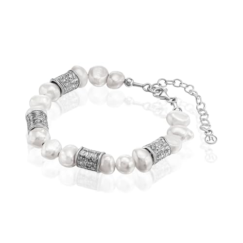 925 Sterling Silver Bracelet On A 7.5" Chain With Freshwater Cultured Pearls Vintage Look Hypoallergenic Nickel and Lead-free Artisan Handcrafted Designer Collection, Made in Israel3