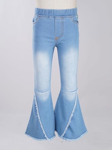 Kids Girls Ripped Flared Jeans Elastic Waist Rulle Raw Hem Casual Ripped Bell Bottom Denim Pants Wide Leg Jeans3