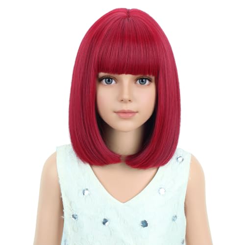 PATTNIUM Kids Wine Red Wig Short Straight Bob Wig Dark Red Wigs for Girls Cosplay Party Synthetic Rose Net Daily Wear Wigs