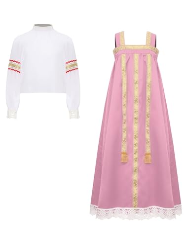 Child Girls Russian Ethnic Performance Dress Embroidered Blouse with Overalls and Headpiece White&Pink 14 Years3