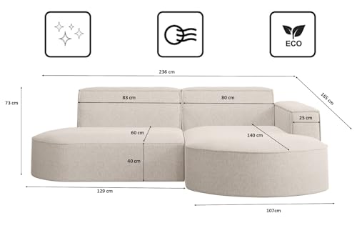Kaiser Möbel - Ecksofa mit Wohnlandschaft, Eckcouch L-Form, Sofa 3-sitzer, Polstersofa, Bequemes Couch mit Ottomane für Wohnzimmer, Relaxsofa, Lounge-Set, Verita Stoff, Modena Studio, Ecru, Rechts – Bild 3