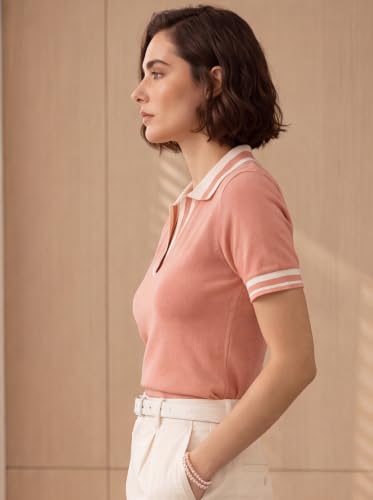Image of FYLTR Women's Modern V-Neck Striper Collar Solid Polo T-Shirt - Contrast Tipping Details | Regular Fit | T-Shirts for Women | Open Placket