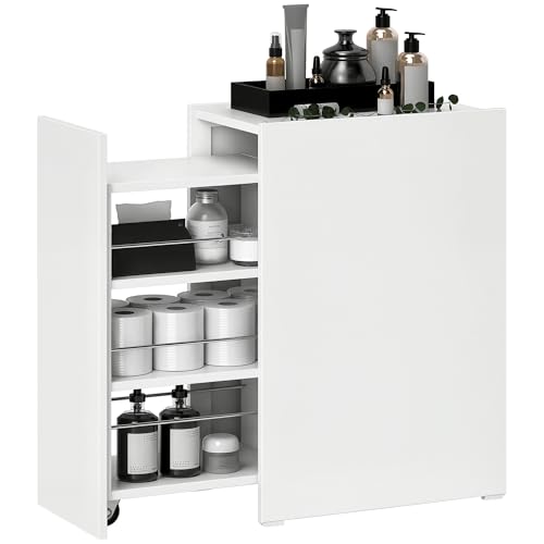 HOMCOM Armario de Baño Estrecho con Ruedas y Cajón Deslizante Mueble Auxiliar con 3 Compartimentos Mueble de Baño para Espacios Pequeños 47x30x66,5 cm Blanco