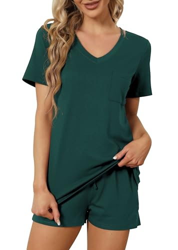 Image of RUBZOOF Women's Short Sleeve Pajama Sets with Pockets Casual V Neck 2 Piece Lounge Sets S-3XL