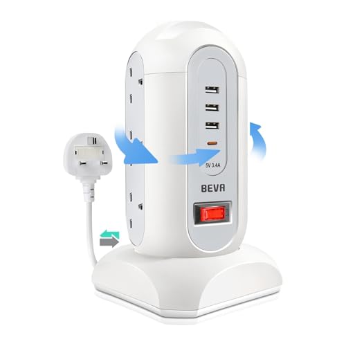 Tower Extension Lead, BEVA Surge Protected Extension Lead with 4 USB Slots 9 AC Outlets, UK Tower Power Strip with 1.65M Retractable Cable, Multi Plug Extension Socket with Switch for Home Office