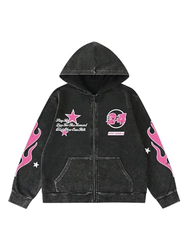 Men's Graphic Hoodie Sweatshirt Zip UP Goth Grunge Long Sleeve Drop Shoulder Hooded Jacket with Pockets Streetwear