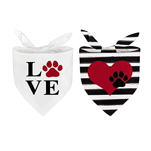AVOIN colorlife Valentine Stripes Love Heart Pet Bandana 2 Pcs, Pet Paw Print Adjustable Holiday Party Triangle Reversible Dog Cat Scarf for Small Medium Large Dogs