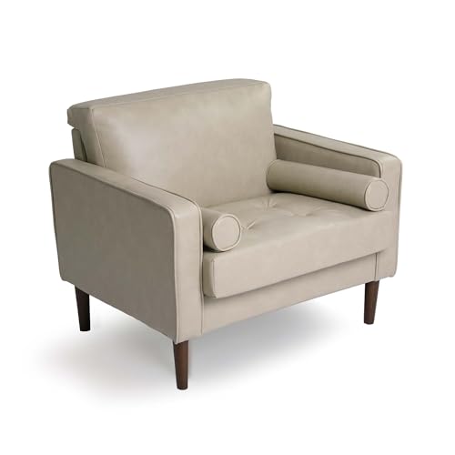 Image of Faux Leahter Accent Chair, Comfy Upholstered Armchairs for Living Room, Modern Bedroom Reading Seat with 2 Bolster Pillows, Cream