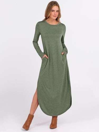 ANRABESS Women's Long Sleeve Maxi Dresses 2025 Fall Outfits Casual Loose Split Travel Vacation T Shirt Dress with Pockets3