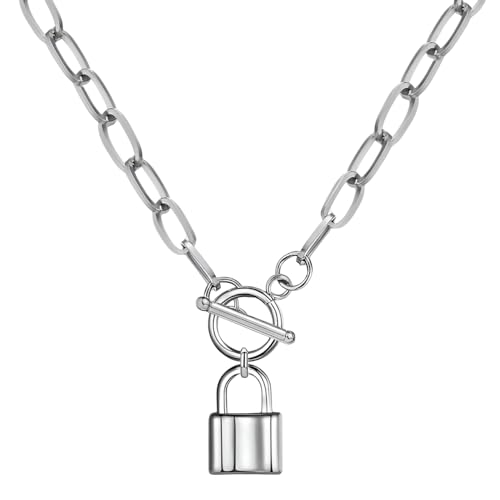 925 Sterling Silver Coin Toggle Necklace For Women, 14K Filled Gold Toggle Paperclip Chain Padlock Pendant Necklace - Lock And Key, Heart, Coin Chain Pendant Necklace