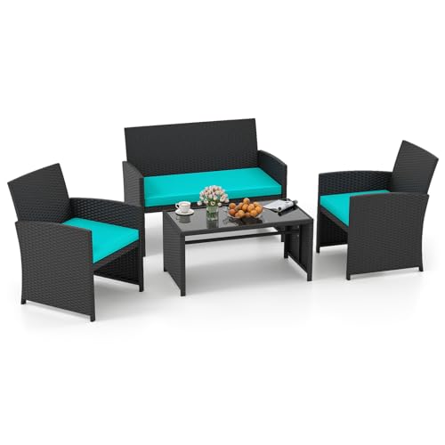 Image of Tangkula 4 Pieces Patio Wicker Furniture Set, Outdoor Heavy Duty Rattan Cushioned Chairs, Loveseat and Tempered Glass Coffee Table, for Backyard, Balcony, Poolside (Turquoised,1)