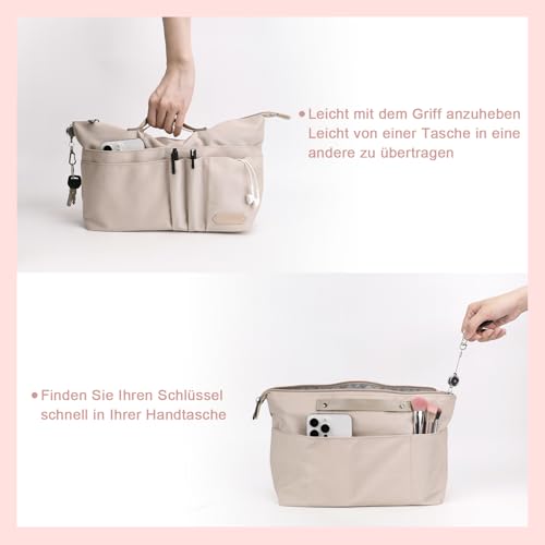 Taschen Organizer für longchamp tasche le pliage m, Taschenorganizer Polyester mit Schlüsselbund Wasserdicht, Innentasche Taschen Organizer Shopper für Tote Bag Handtasche Damen (Beige, Mittel)
