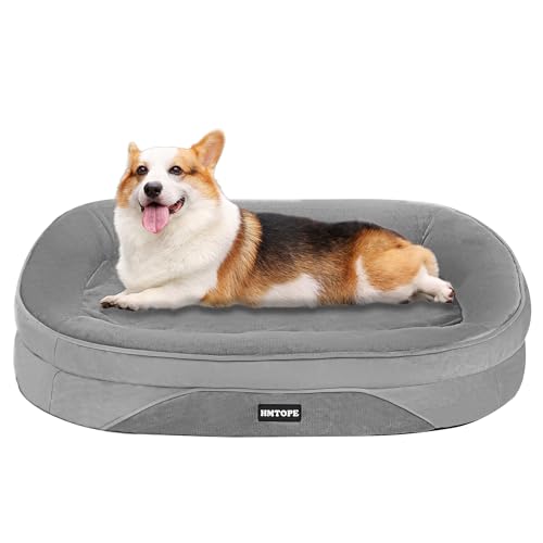 HMTOPE Orthopädisches Hundebett, Hundesofa, Vierseitiges Nackenrolle Kissen, rutschfeste Unterseite Hundekorb, Abnehmbar und Waschbar, Kleine Hunde, Mittelgroße Hunde, 90 x 71 x 15 cm, Mittelgrau