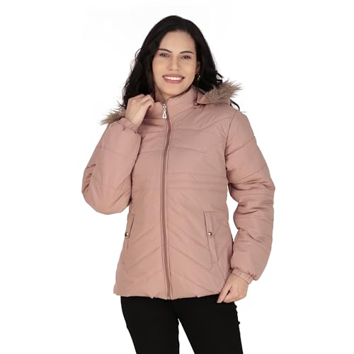 Image of Women's Cozy Puffer Stylish Jacket with Buttoned Pockets and Detachable Fur Hood