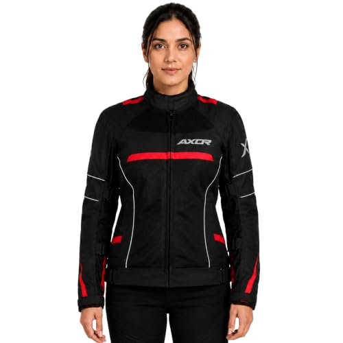 Image of Axor Divazz Women Motorcycle Riding Jacket, CE Armour Protective Bike Jacket, All-Weather Touring Riding Gear with Ventilation Panels, Black Red, L