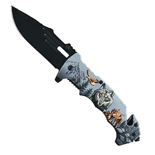 AUSONIA 20 CM Coltello Sportivo Tascabile da Caccia da collezione con Lama Inox e Manico Alluminio con disegno lupo