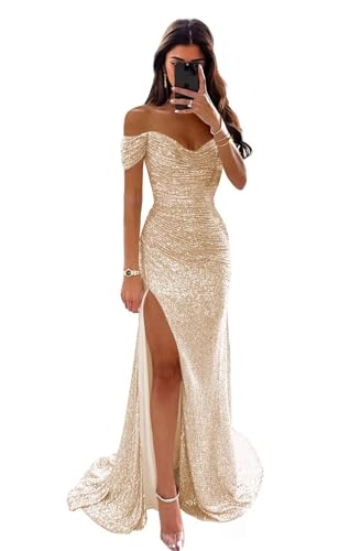 Off Shoulder Prom Dresses for Women 2025 Long Sparkly Sequin Mermaid Evening Dresses Formal Gown with Slit