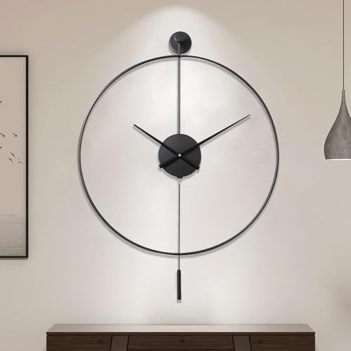 Image of FLEage Classical Large Decorative Wall Clock with Pendulum, Modern Non-Ticking Silent Metal Wall Clocks for Living Room, Bedroom, Study, Office,23.6‘’ (Color : Black)