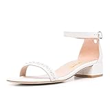 XYD Women Pearls Open Toe Strappy Low Block Heel Sandal Flats Ankle Strap with Buckle Wedding Bridal Dress Shoes (Size 12, White)