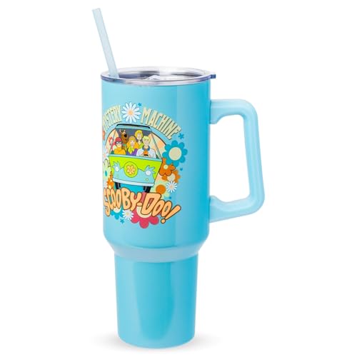 Image of Silver Buffalo Scooby Doo Mystery Machine Featuring Shaggy, Velma, Fred and Daphne Double Walled Stainless Steel Tumbler with Handle and Straw, Fits in Standard Cup Holder, 40 Ounces