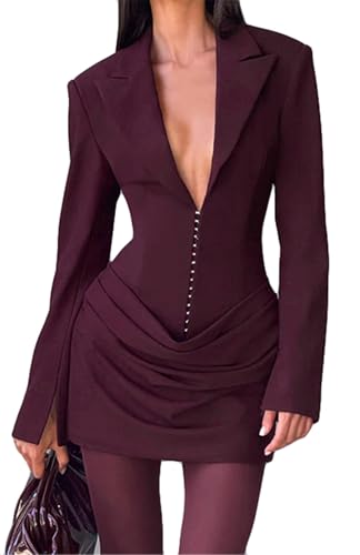 Women's Long Sleeve Lapel V Neck Ruched Ruffles Bodycon Sexy Nightclub Party Blazer Mini Dress Burgundy
