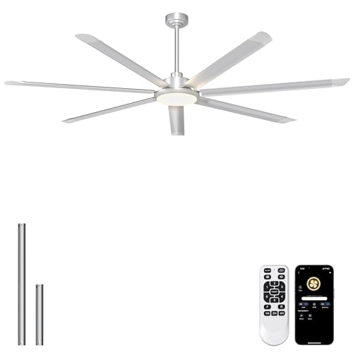 Ohniyou Ventilador de Techo de 213 cm con Luz   Ventiladores de Techo Industrial Grande con Control Remoto/APP, 7 Aspas de Aluminio, Motor DC Silencioso para Interior Exterior Terraza Garaje, Plata