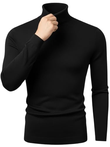 Image of LEOTUDE Men's Regular Fit Turtle High Neck Full Sleeve Cottonblend Solid Black T-Shirt