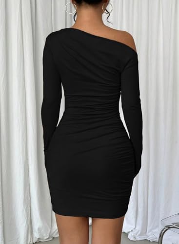 Acelitt Fall Off The Shoulder Dresses for Women 2025 Long Sleeve Ruched Bodycon Cocktail Party Mini Dress3