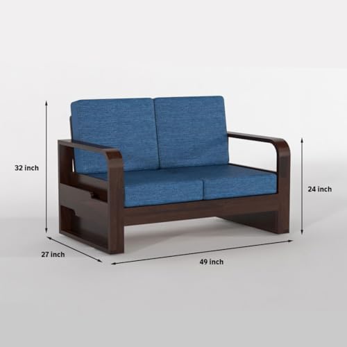 Image of Solid Sheesham Wooden 2 Seater Sofa for Living Room | Sofa with Side Pocket Storage & Cushion | Rosewood Sofa Set for Home (Walnut with Blue Cushion, 2 Seater)