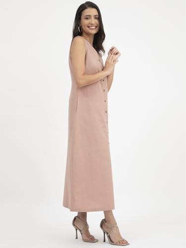 Image of FableStreet Women Casual Midi Cotton Button Down A-Line Dress | Button Down Flowly Dress Perfect for Outings