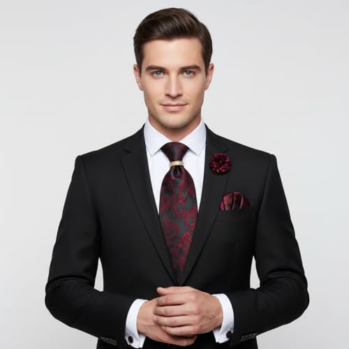 Image of 5PCS Mens Silk Tie, Pocket Square, Cufflinks, Drilled Tie Ring and Lapel Pin Set for Wedding Groom Party
