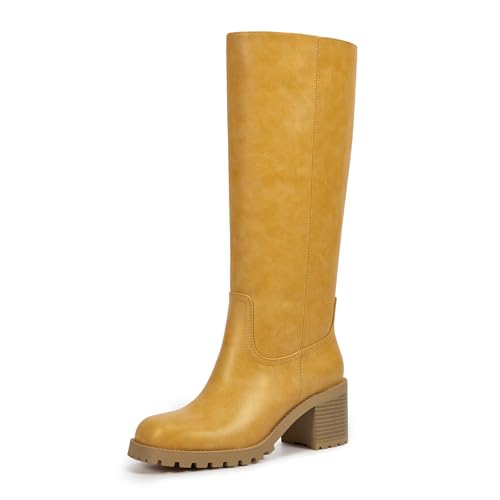 ISNOM Knee High Boots Women Square Toe Block Heel Riding Boots with Chunky Non-Slip Lug Sole Side Zipper Comfortable Campus Tall Boot