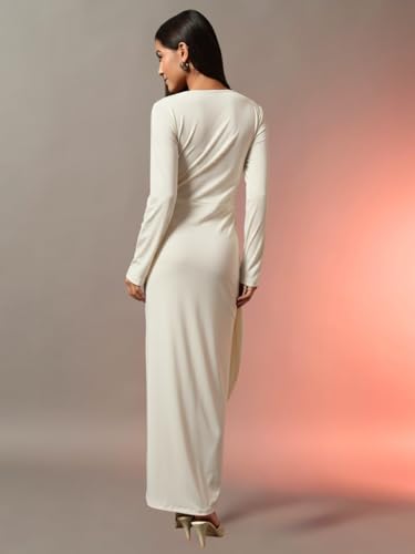 Image of Trend Arrest.ed Women's Bodycon Midi Dress | Square Neck Wrap Style | Stretchable | Full Sleeve Fitted Dress for Party, Evening, Casual Outings & Date Night