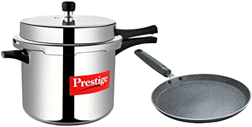 Image of Prestige Popular Aluminium Outer Lid Pressure Cooker, 10 Litres, Silver & Prestige Omega Deluxe Granite Dosa Tawa, 28 cm, Black