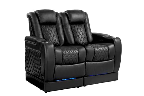 Valencia Tuscany Home Theater Seating with Risers - Premium Italian Leather Recliner Sofa,LED Cup Holders,Power Headrest & Lumbar Support(Row of 2 Loveseat,Black)